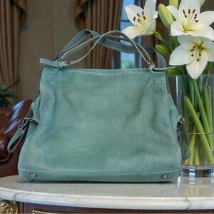 FREE PEOPLE Oversized Boho Pastel Aqua Blue ATLAS Leather Tote Bag